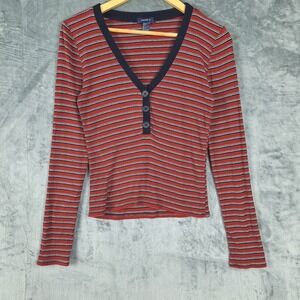 Vintage Womens Top Large Y2K Red Striped Henley Cropped Preppy Indie Casual